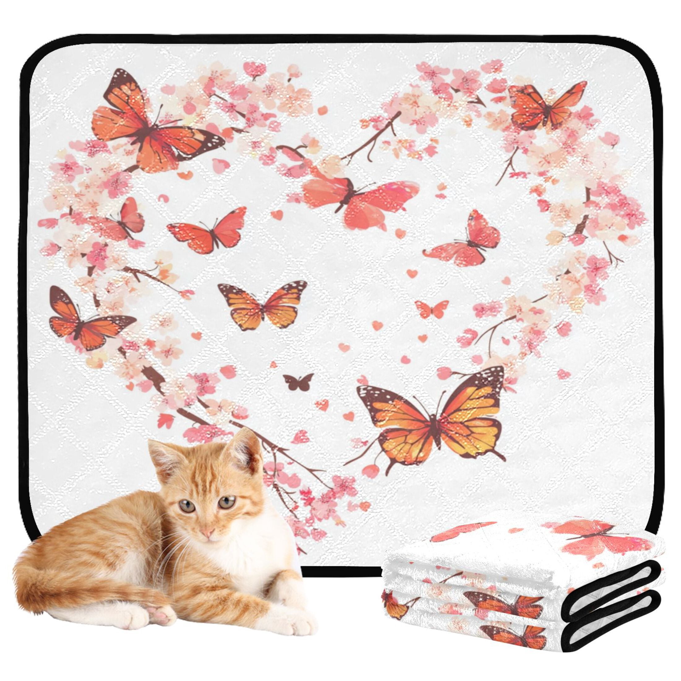 Qxltty Orange Butterfly Pink Floral Cat litter Pads Pet Set of 3 Diaper Mats Center Anti-leakage Layer Absorbent Soft and Comfortable