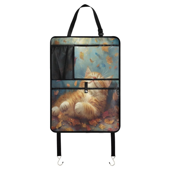 Qxltty Orange Cat Leaf Fall Car Seat Back Protectors with 3 Pocket Storage Bag Universal Fit Automotive Interior Decoration