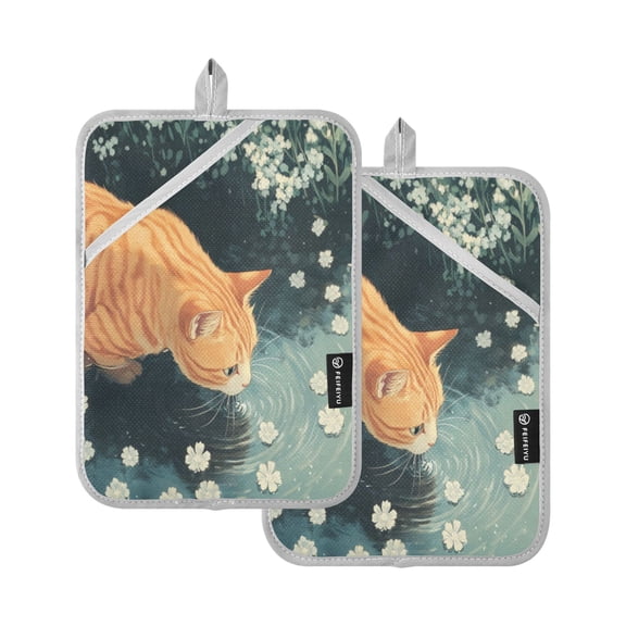 Qxltty Orange Cat Oven Mitts 2-Pack Heat Resistant Quilted Oven Gloves with Hanging Loop for Microwave BBQ & Kitchen Use