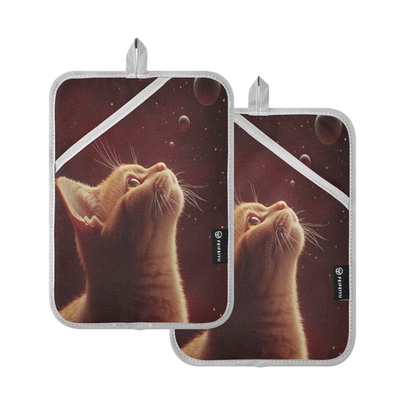 Qxltty Orange Cat The Universe Pattern Oven Mitts 2-Pack Heat Resistant Quilted Oven Gloves with Hanging Loop for Microwave BBQ & Kitchen Use