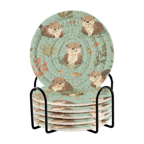 Qxltty Otter Fish Seaweed Drink Coasters with Holder 6pcs Handmade Woven Simple Vintage Saucer Set