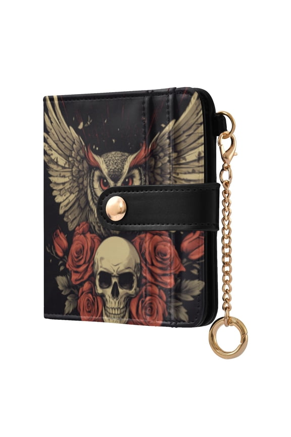 Owl Holding Skull Pattern Ladies Wallet Rfid Slim Thin Compact Credit Card Women Wallet Zipper Coin Pocket and ID Window for Female Gifts