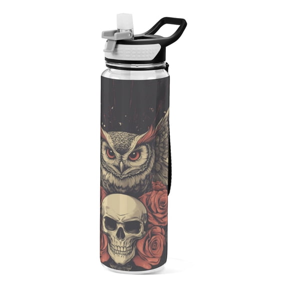 Qxltty Owl Holding Skull Pattern Water Bottle 32 oz with Straw BPA Free Reusable Fitness Sport Bottle Perfect for Travel School Outdoors and Gym