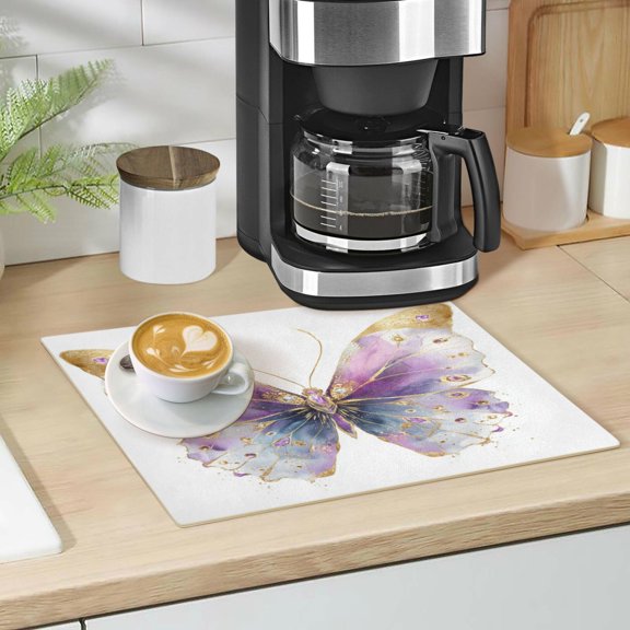 Qxltty Pastel Butterfly Leather Drying Mat for Kitchen Countertops Coffee Mats Hide Stain Quickly Absorbs Water Tableware Decor