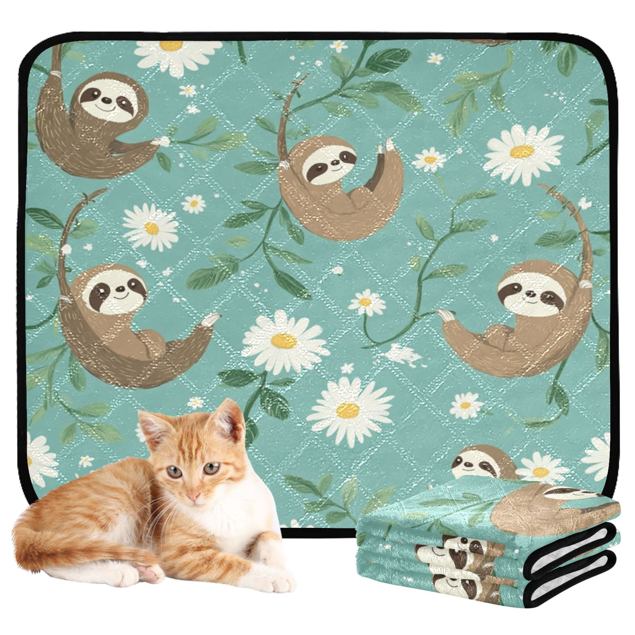 Qxltty Pattern with Daisies and Sloths Hanging on Vines Cat litter Pads Pet Set of 3 Diaper Mats Center Anti-leakage Layer Absorbent Soft and Comfortable