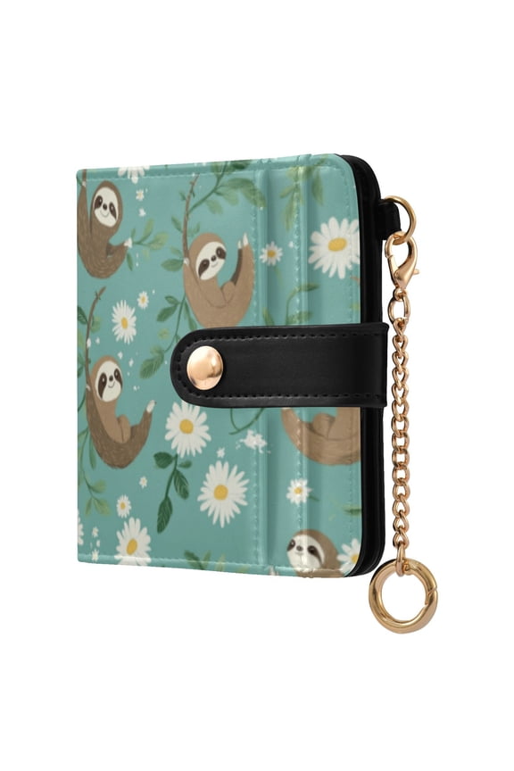 Pattern with Daisies and Sloths Hanging on Vines Ladies Wallet Rfid Slim Thin Compact Credit Card Women Wallet Zipper Coin Pocket and ID Window for Female Gifts
