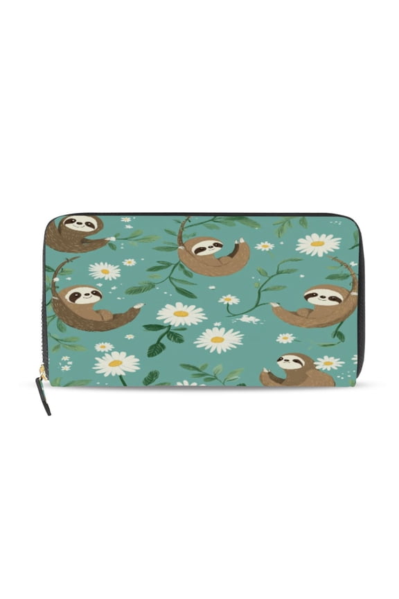 Pattern with Daisies and Sloths Hanging on Vines Women's Leather Wallet Fashion Retro Multi Card Holder with Cell Phone Pocket Mothers Day Gifts