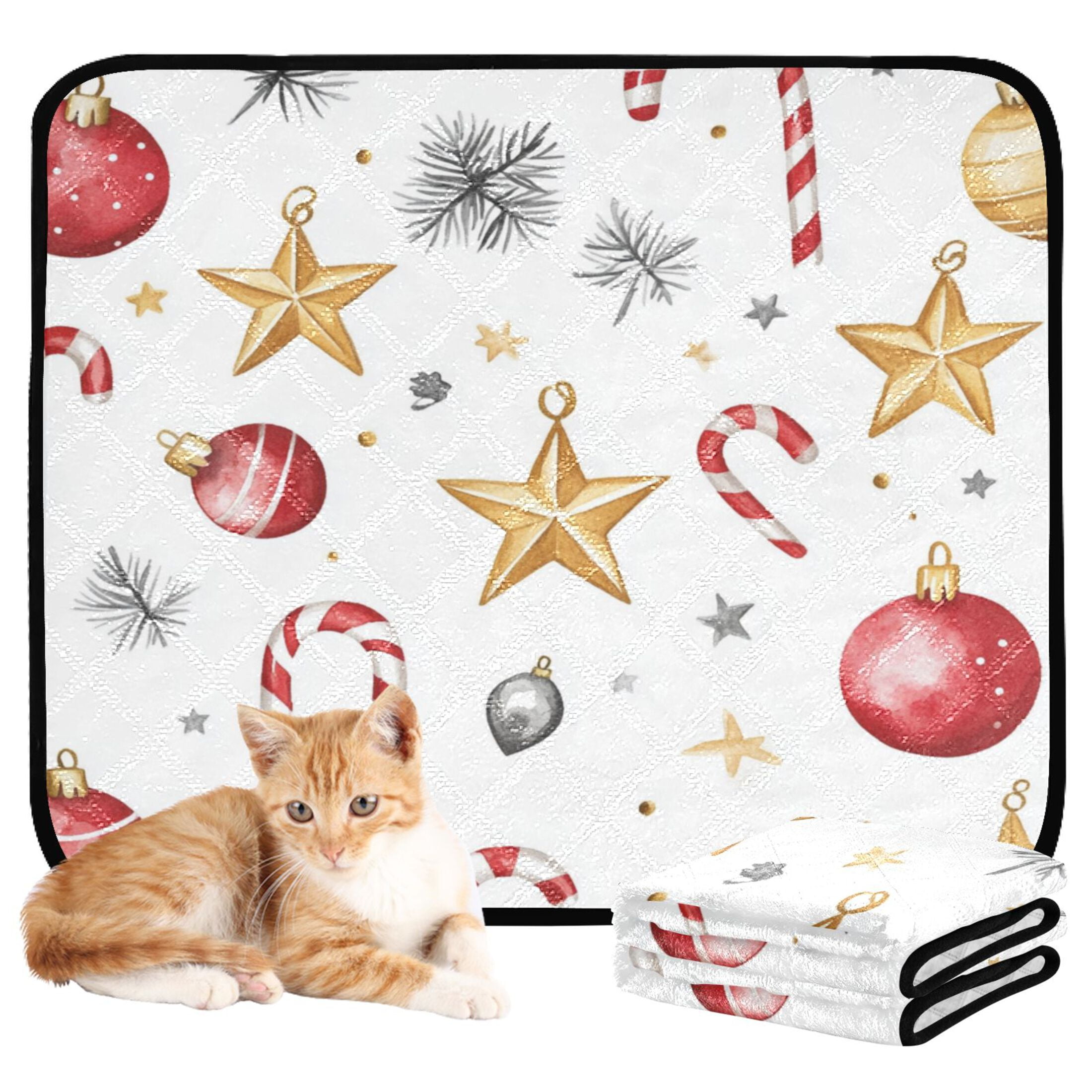 Qxltty A Pattern with Watercolor Christmas Ornaments Cat litter Pads Pet Set of 3 Diaper Mats Center Anti-leakage Layer Absorbent Soft and Comfortable