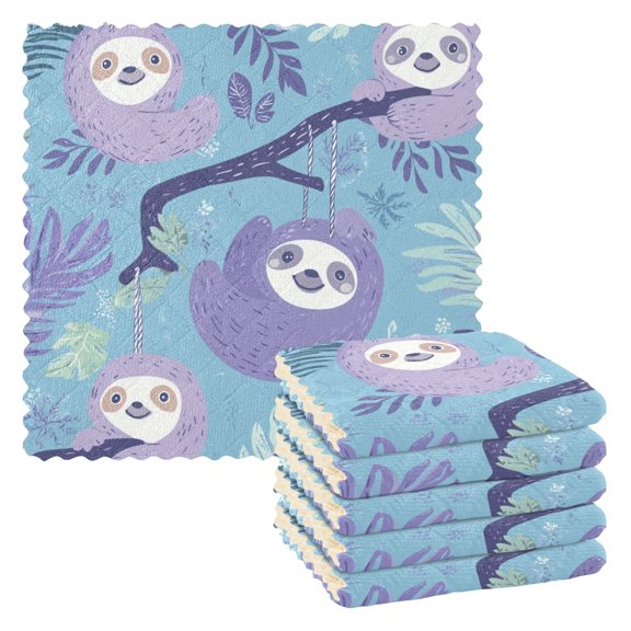 Qxltty Pattern with Sloth Hanging on Tree Branches Kitchen Towels Set of 6 Ultra Soft Absorbent Quick Drying Dish Cloths 11 x 11in