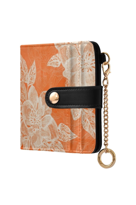 Peach Lace Pattern on Orange Background Ladies Wallet Rfid Slim Thin Compact Credit Card Women Wallet Zipper Coin Pocket and ID Window for Female Gifts
