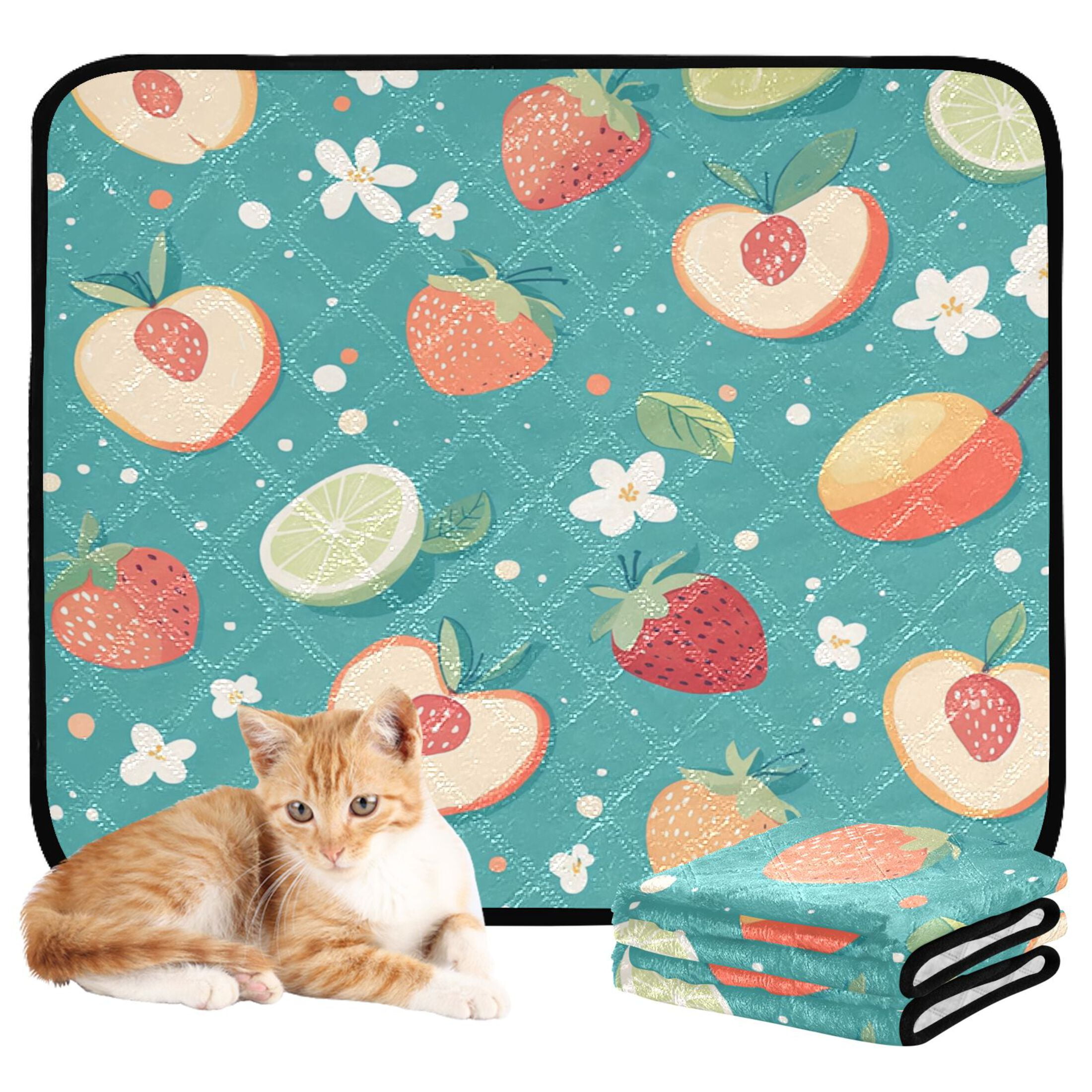 Qxltty Peaches and Strawberries in A Repeating Pattern Cat litter Pads Pet Set of 3 Diaper Mats Center Anti-leakage Layer Absorbent Soft and Comfortable