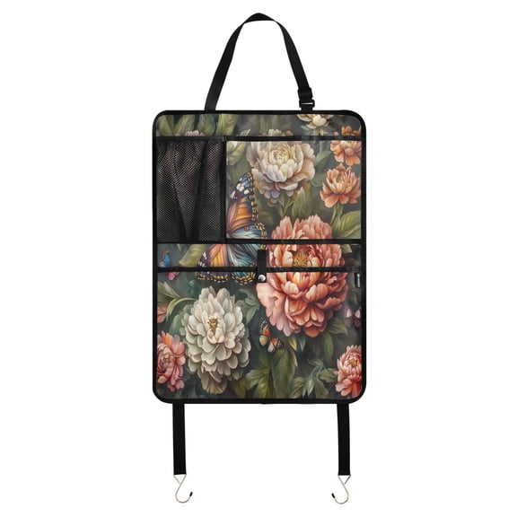 Qxltty Peony Butterfly Painting Car Seat Back Protectors 2 pack with 3 Pocket Storage Bag Universal Fit Automotive Interior Decoration