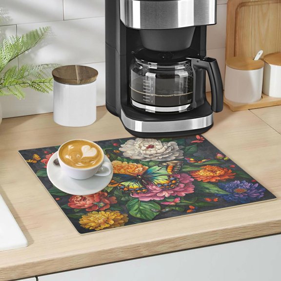 Qxltty Peony Butterfly Paintings Leather Drying Mat for Kitchen Countertops Coffee Mats Hide Stain Quickly Absorbs Water Tableware Decor