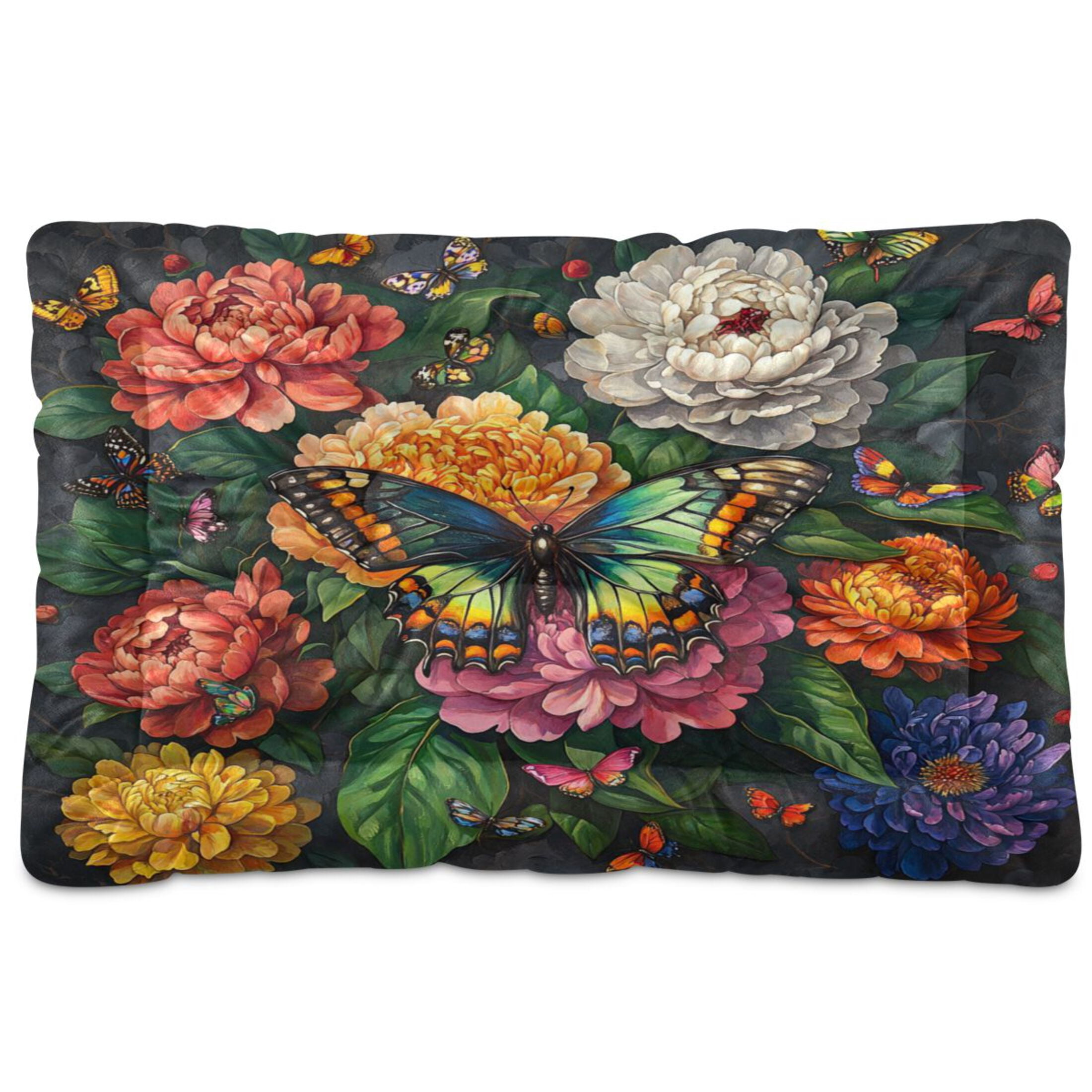 Qxltty Peony Butterfly Paintings Ped Pad Wear-resistant and Hard to Bite Through Sleeping Pad for Small Medium Large Dogs Winter Pet Bed 36×24in