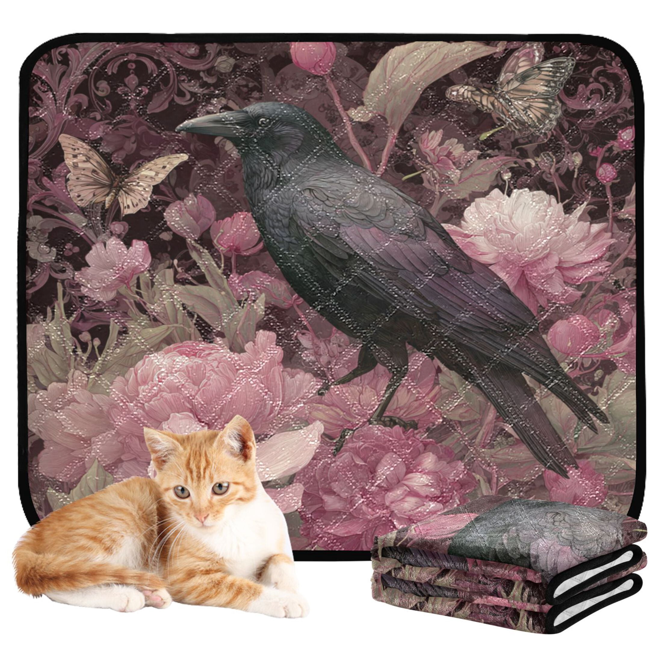 Qxltty Peony Crow Cat litter Pads Pet Set of 3 Diaper Mats Center Anti-leakage Layer Absorbent Soft and Comfortable