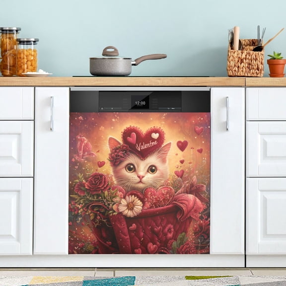 Qxltty Pink Basket Cat Magnetic Dishwasher Sticker Refrigerator Cover Washing Machine Panel Kitchen Appliance Decoration 23×26in