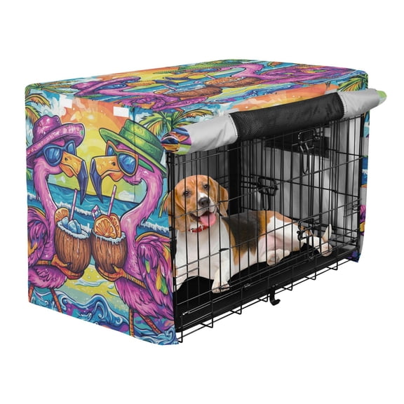 Qxltty Pink Cartoon Flamingos Crate Cover Durable Oxford Cloth Pet Kennel Sunshade Universal Fit for 53in Wire Cage