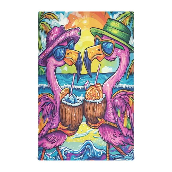 Qxltty Pink Cartoon Flamingos Kitchen Towels 28 x 18 Inch Soft Cotton Linen Feel Dish Towels with Hanging Loop for Drying, Cleaning & Decor