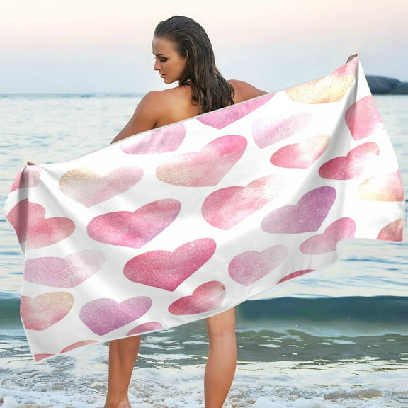 Qxltty Pink Glitter Hearts Pattern Beach Towel Sand Free Bath Towel Absorbent Quick Dry Soft Lightweight Blanket for Travel Gym Camping 60x30in