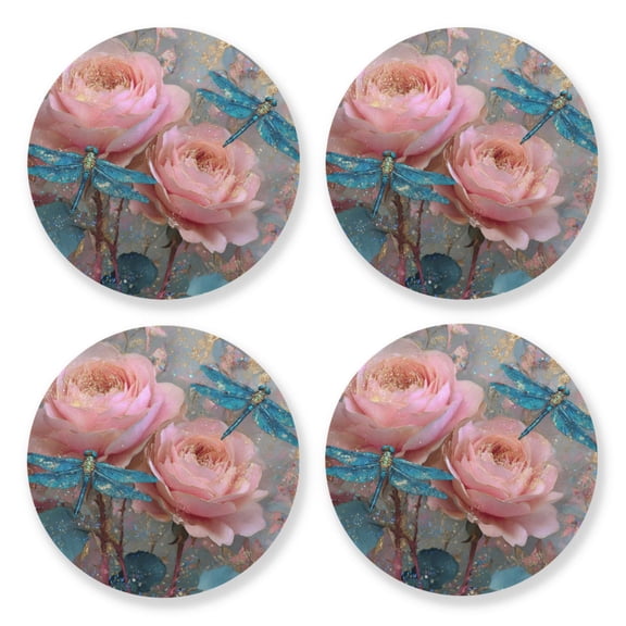 Qxltty Pink Rose Blue Dragonfly Wooden Coasters Set of 4 Fun and Practical Perfectly Non-Slip Warm Home Accent