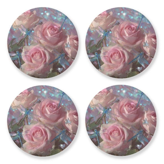 Qxltty Pink Rose Dragonfly Wooden Coasters Set of 4 Fun and Practical Perfectly Non-Slip Warm Home Accent