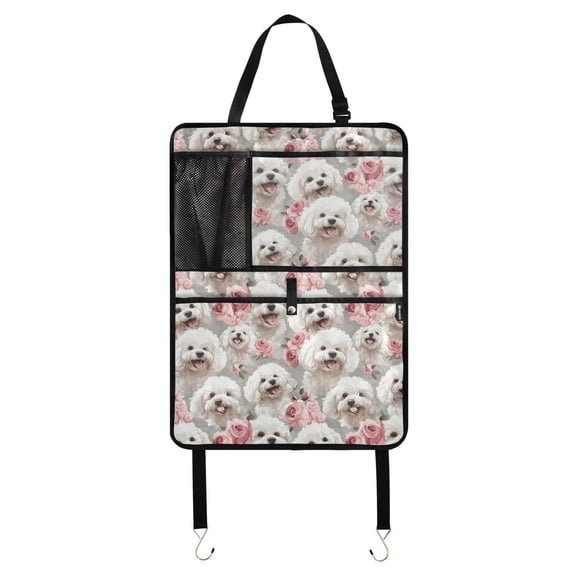 Qxltty Pink Rose Poodle Car Seat Back Protectors with 3 Pocket Storage Bag Universal Fit Automotive Interior Decoration