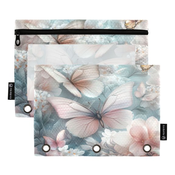 Qxltty Pink and White Butterfly Pencil Pouches for 3 Ring Binder Clear Window Zipper Pencil Case for Office College Supplies