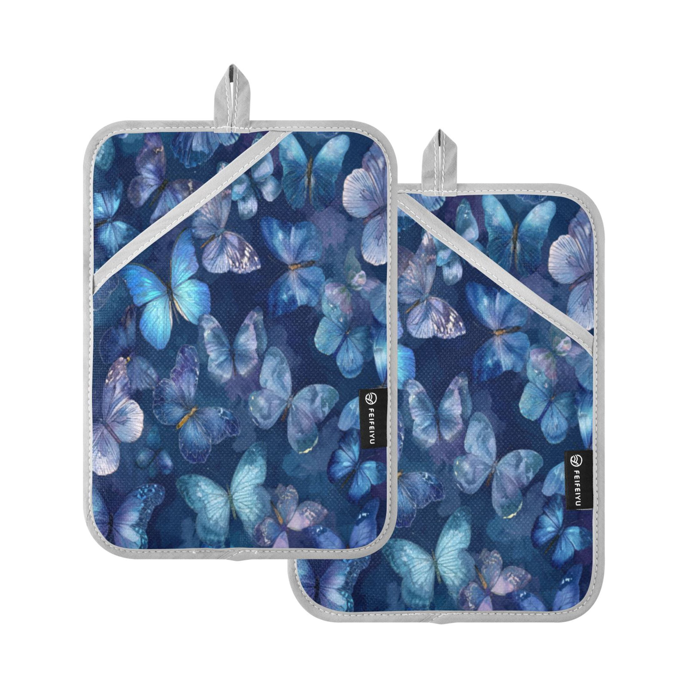 Pretty Butterfly Printed Oven Mitts 2-Piece Set – Heat Resistant, Waterproof, Non-Slip, With Hanging Loop, For Kitchen & Outdoor Cooking