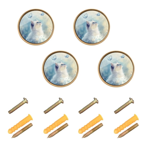 Qxltty Pretty White Ragdoll Cat Cabinet Knobs Kitchen Drawer Knobs Round Door Pulls Dressing Table Wardrobe Closet Knob Handles Decorative Set of 4
