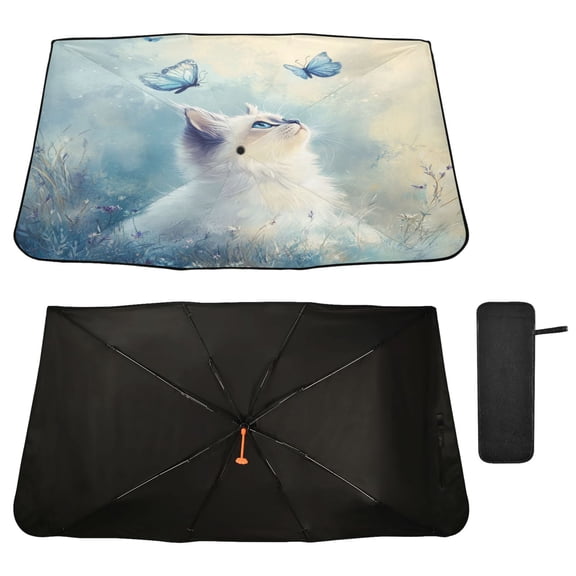 Qxltty Pretty White Ragdoll Cat Windshield Sun Shade Umbrella Protect Car from Sunrays and Heat Damage Keep Cool and Interior