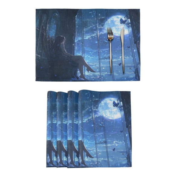 Qxltty Princess Enjoying The Moon Pattern Placemats Set of 4 Heat Resistant Non-Slip Place mat for Dining Table Washable Durable Polyester Woven Table Decorations