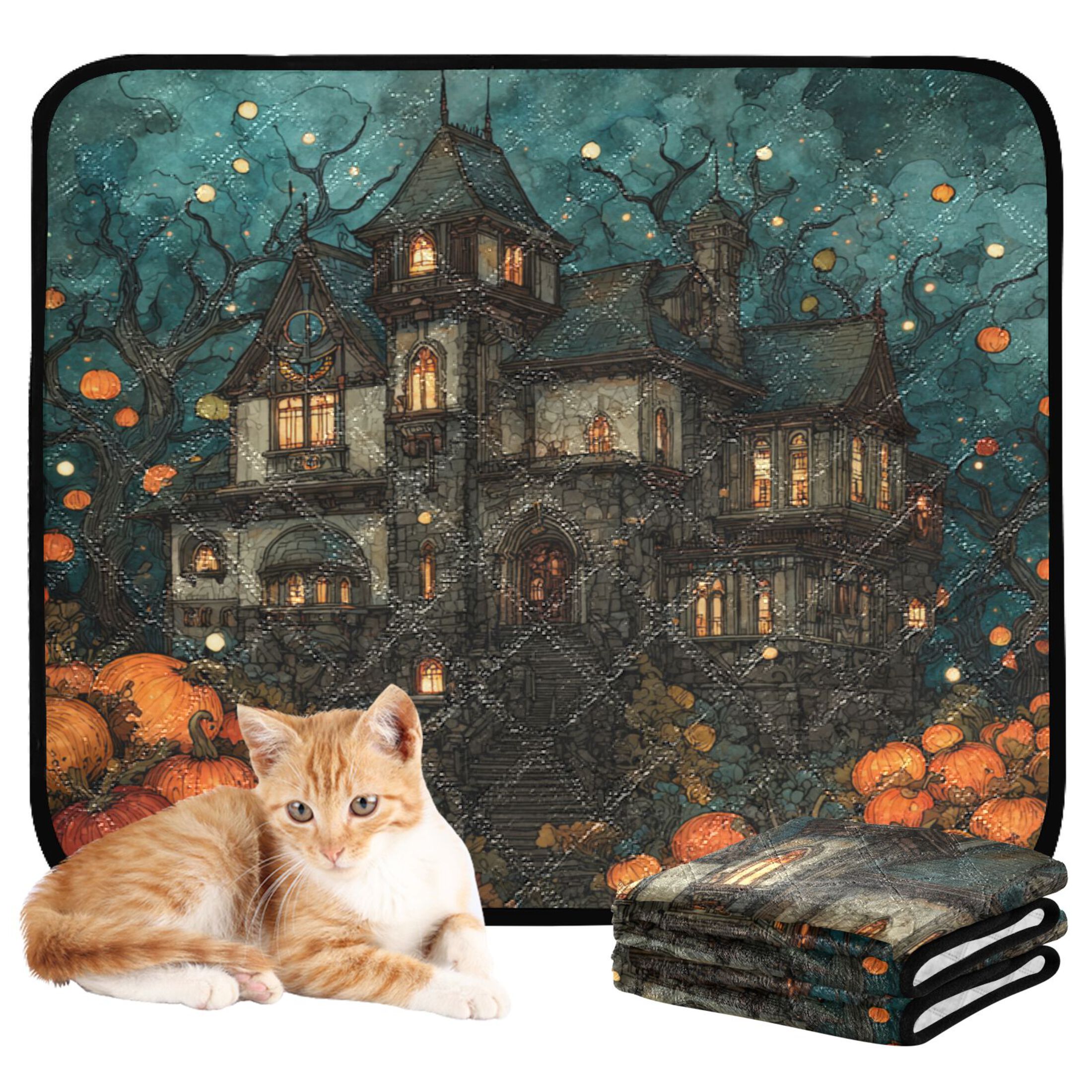Qxltty Pumpkin Castle Cat litter Pads Pet Set of 3 Diaper Mats Center Anti-leakage Layer Absorbent Soft and Comfortable