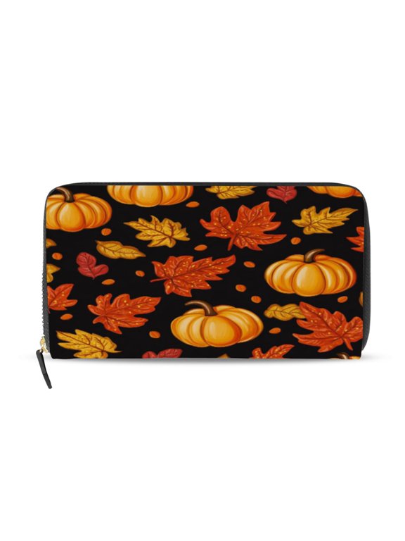 Pumpkin Leaf Fall Autumn Women's Leather Wallet Fashion Retro Multi Card Holder with Cell Phone Pocket Mothers Day Gifts