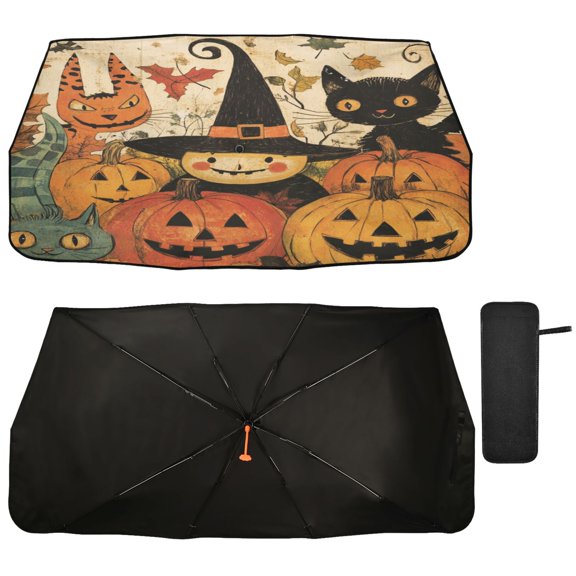 Qxltty Pumpkin Witch Car Windshield Sunshade Umbrella Quality Black Rubberized Fabric Can Effectively Block UV Rays Heat