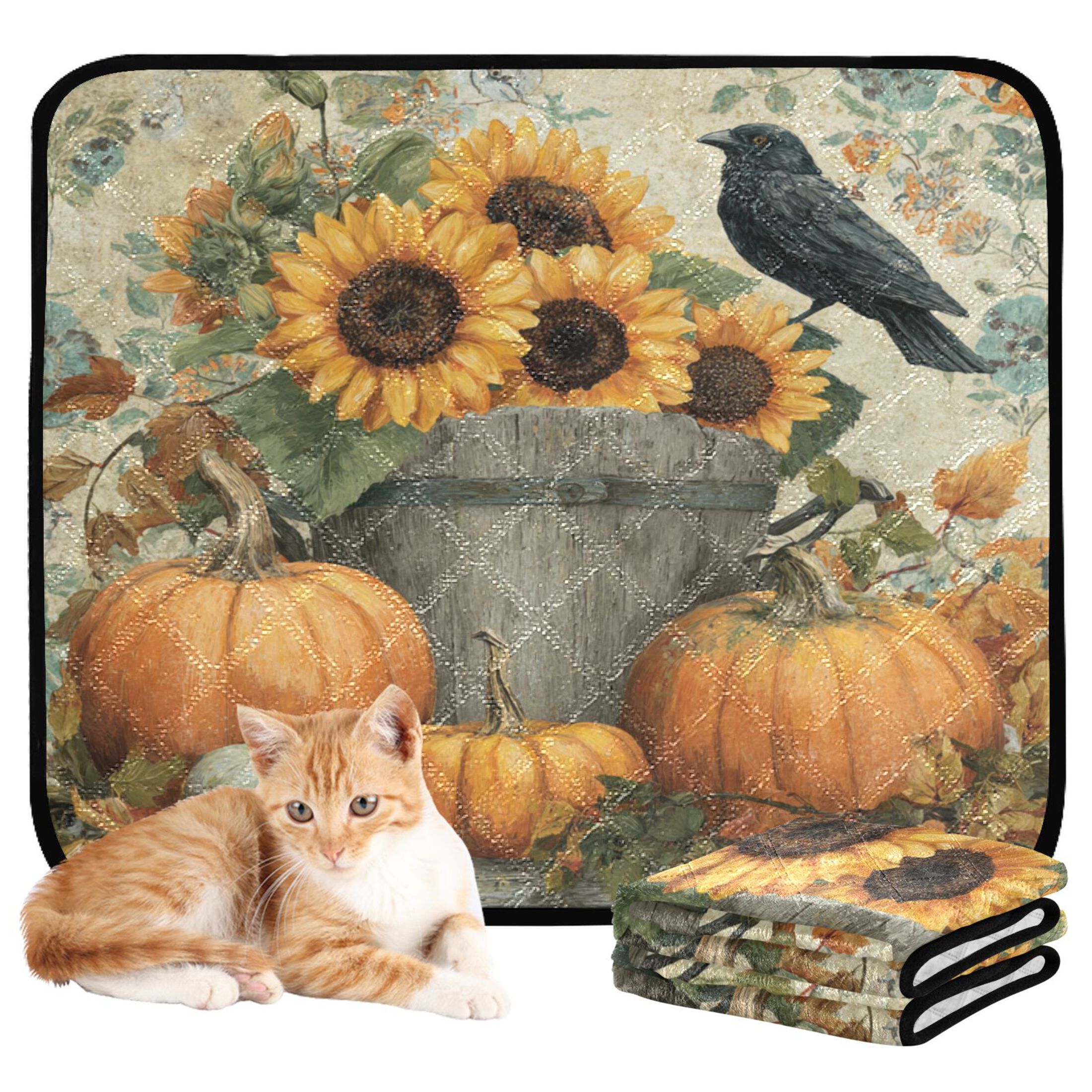 Qxltty Pumpkins Sunflowers Cat litter Pads Pet Set of 3 Diaper Mats Center Anti-leakage Layer Absorbent Soft and Comfortable
