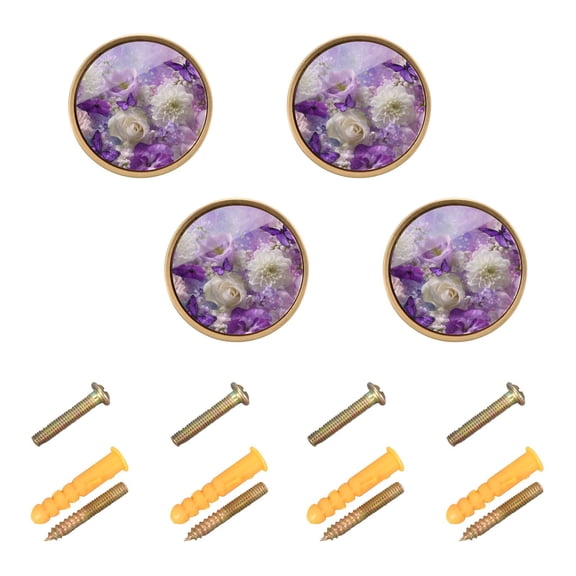 Qxltty Purple Butterfly Floral Cabinet Knobs Kitchen Drawer Knobs Round Door Pulls Dressing Table Wardrobe Closet Knob Handles Decorative Set of 4