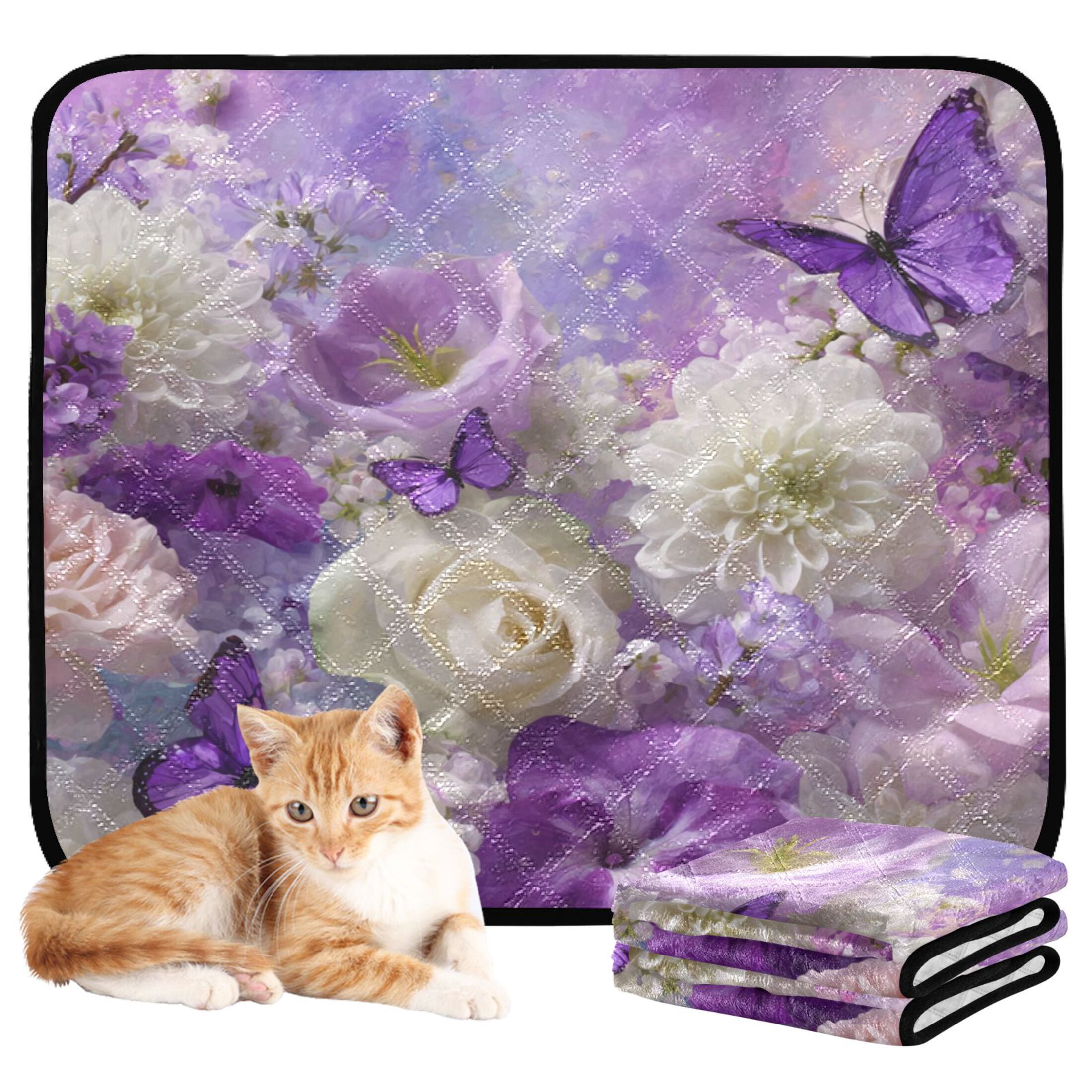 Qxltty Purple Butterfly Floral Cat litter Pads Pet Set of 3 Diaper Mats Center Anti-leakage Layer Absorbent Soft and Comfortable