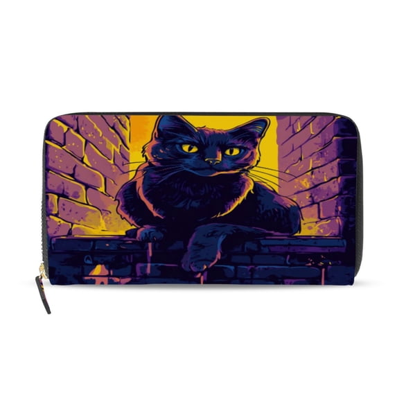 Qxltty Purple Dusk Cat Pattern Women's Leather Wallet Fashion Retro Multi Card Holder with Cell Phone Pocket Mothers Day Gifts