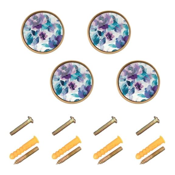 Qxltty Purple Green Flora Cabinet Knobs Kitchen Drawer Knobs Round Door Pulls Dressing Table Wardrobe Closet Knob Handles Decorative Set of 4