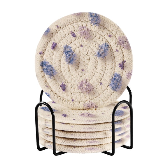Qxltty Purple Hyacinth Flowers Drink Coasters with Holder 6pcs Handmade Woven Simple Vintage Saucer Set