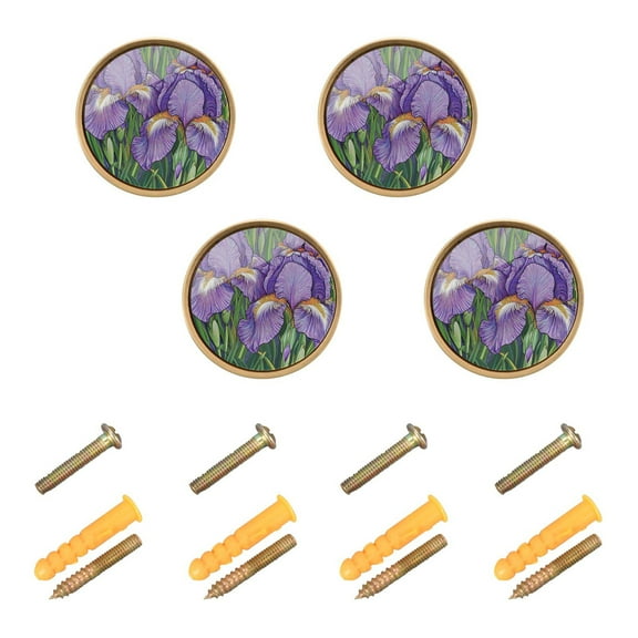 Qxltty Purple Iris Cabinet Knobs Kitchen Drawer Knobs Round Door Pulls Dressing Table Wardrobe Closet Knob Handles Decorative Set of 4