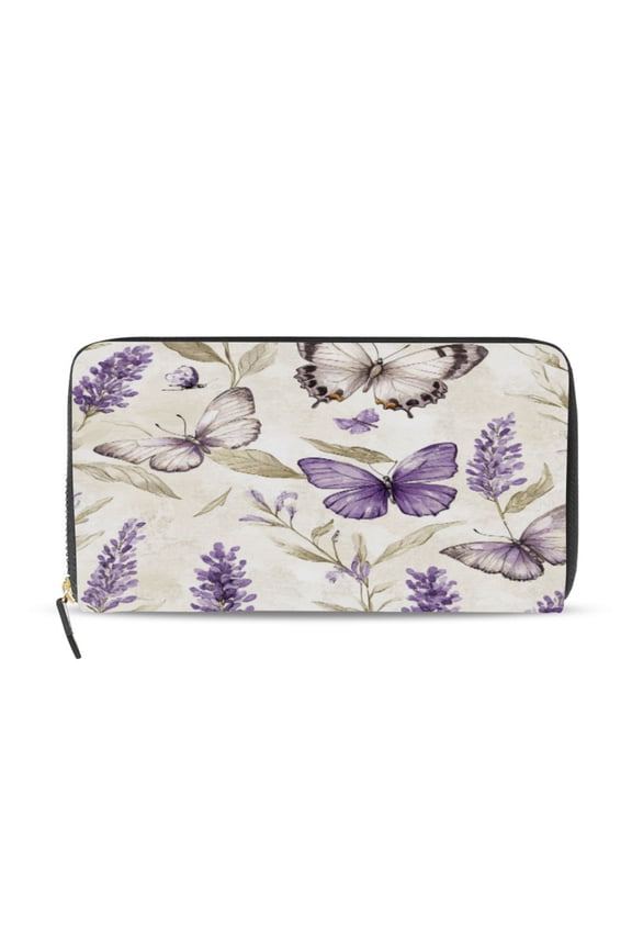 Purple Lavender and Butterfly Women's Leather Wallet Fashion Retro Multi Card Holder with Cell Phone Pocket Mothers Day Gifts