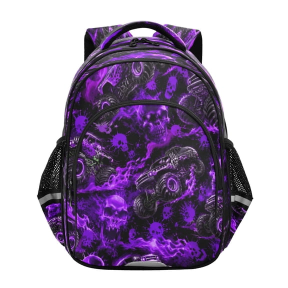 Qxltty Purple Monster Truck Backpack Lightweight Multi Pocket Daypack Reflective Bookbag with Adjustable Straps