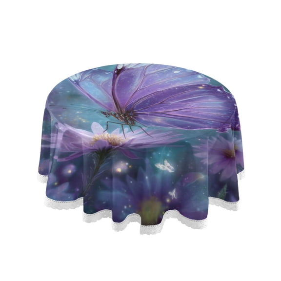 Qxltty Purple Sparkling Butterfly Round Tablecloth 60 Inch Dia Washable Table Cover with Dust-Proof Wrinkle Resistant for Restaurant Picnic Indoor and Outdoor Dining