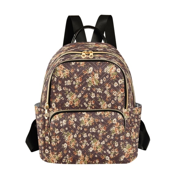 Qxltty Quilted Backpack for Women, Coffee Brown Ditsy Flower Travel Daypack with Front Pocket for Casual Daily Use