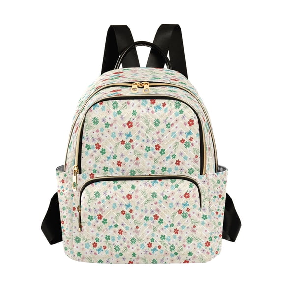Qxltty Quilted Backpack for Women, Cream Multi Ditsy Floral Travel Daypack with Front Pocket for Casual Daily Use