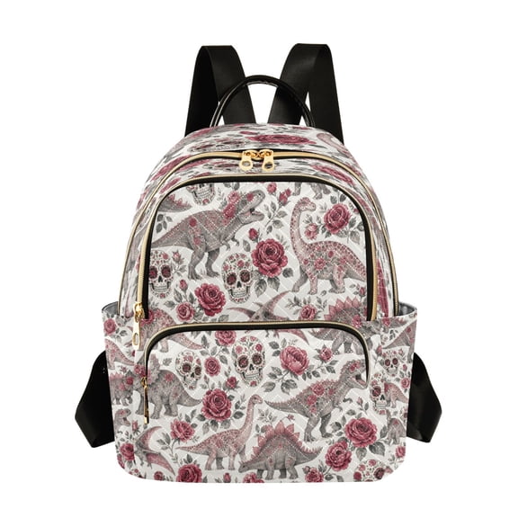 Qxltty Quilted Backpack for Women, Dinosaur Sugar Skull Travel Daypack with Front Pocket for Casual Daily Use