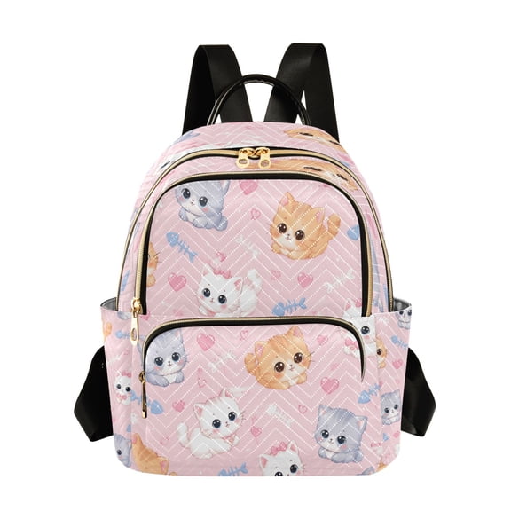Qxltty Quilted Backpack for Women, Kitty Hearts Travel Daypack with Front Pocket for Casual Daily Use
