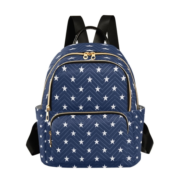 Qxltty Quilted Backpack for Women, Navy White Star Print Travel Daypack with Front Pocket for Casual Daily Use