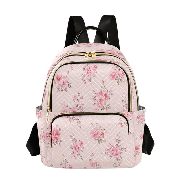 Qxltty Quilted Backpack for Women, Pastel Pink Rose Travel Daypack with Front Pocket for Casual Daily Use